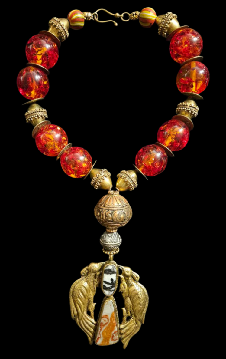 Tibetan Statement Necklace Tribal Amber Resin Ornate Brass Chinese