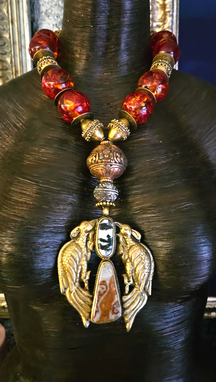 Tibetan Statement Necklace Tribal Amber Resin Ornate Brass Chinese Coin Copper & Krobo Glass Pendant Double Bird Brass Repousse