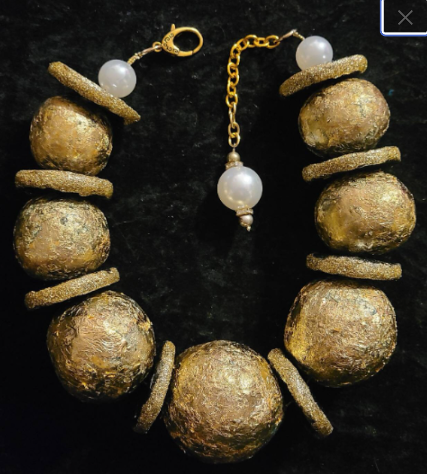Statement Necklace Jumbo Beads Hand Sculpted Gold Leaf, Jewelry Inspired Iris Apfel, Art to Wear OOAK Artisan