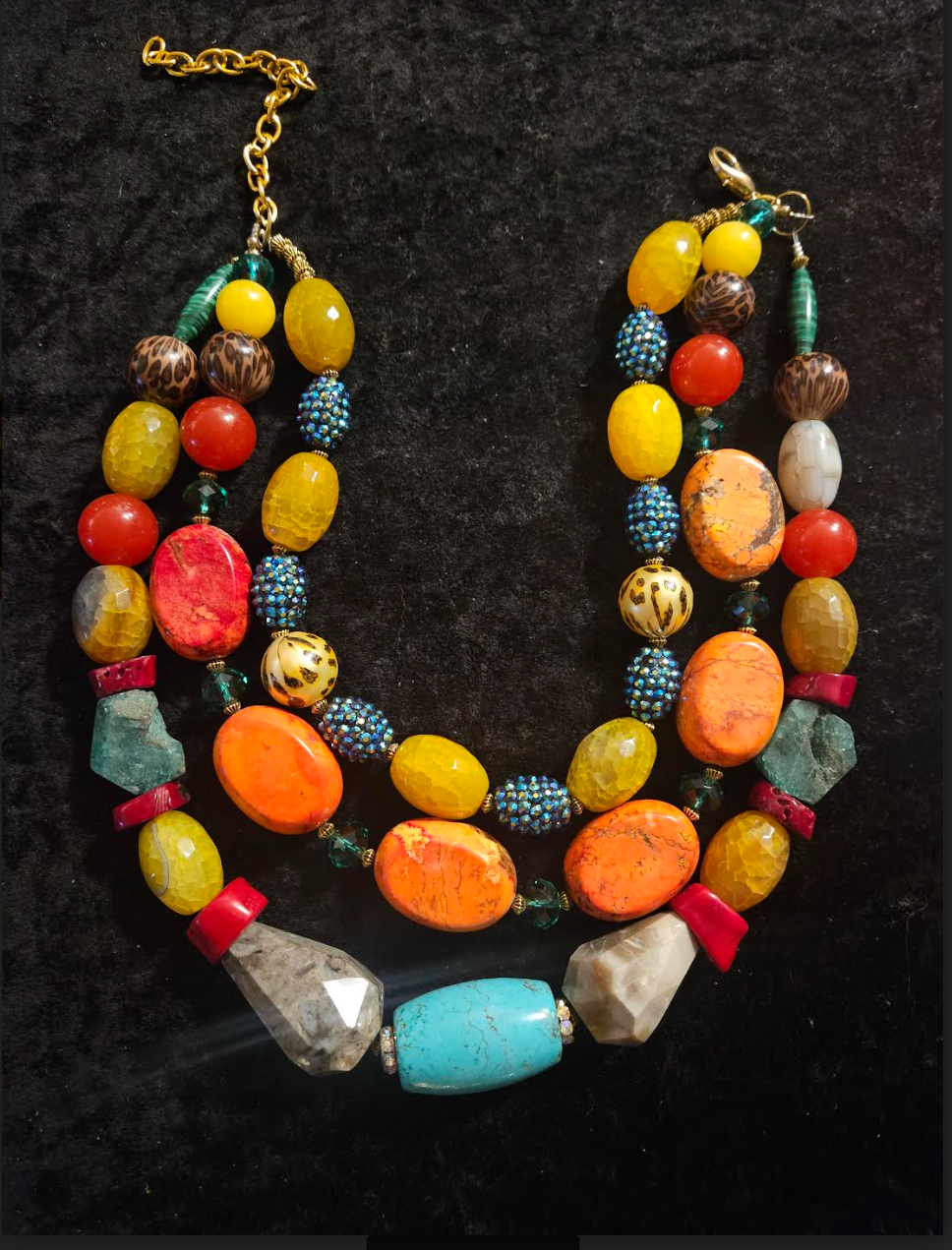 Statement Necklace Mixed Media Gemstone Bold Chunky Heavy, Jewelry Summer Tropical,