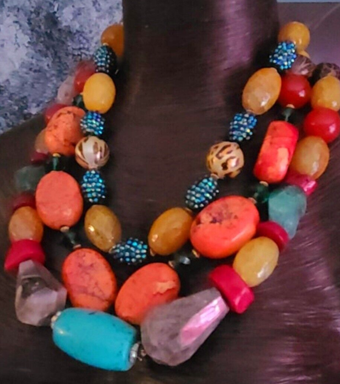 Statement Necklace Mixed Media Gemstone Bold Chunky Heavy, Jewelry Summer Tropical,