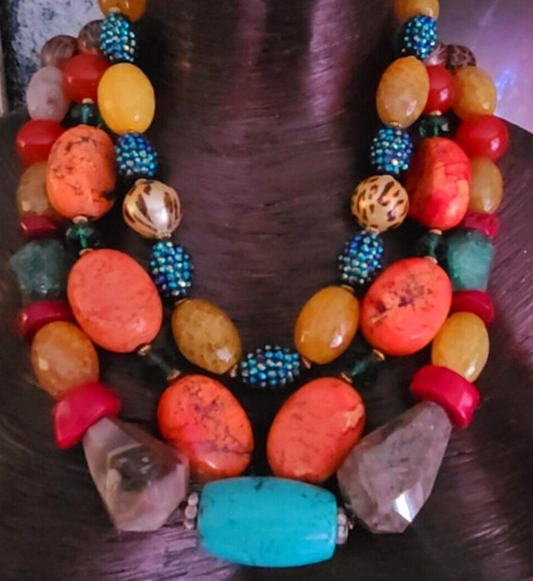 Statement Necklace Mixed Media Gemstone Bold Chunky Heavy, Jewelry Summer Tropical,