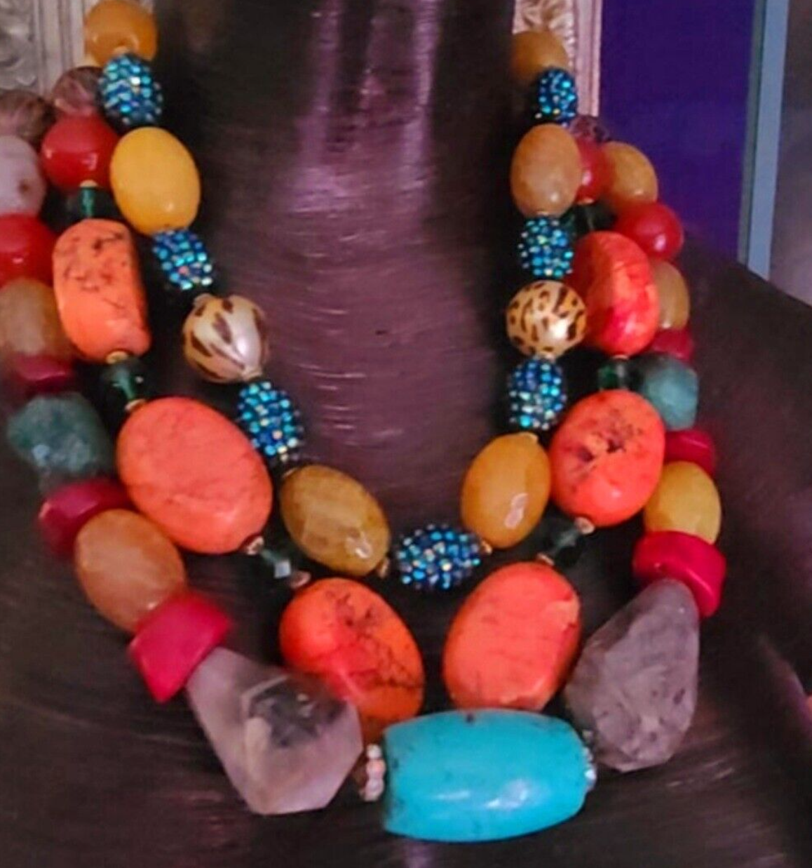 Statement Necklace Mixed Media Gemstone Bold Chunky Heavy, Jewelry Summer Tropical,