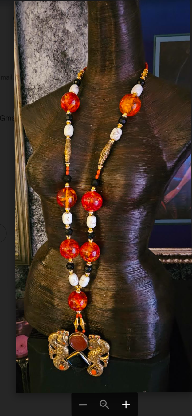 Statement Necklace Long Beaded Amber Resin Magnesite Coral Unisex, Pendant Tibetan Brass Repousse Seahorse, Runway Ready