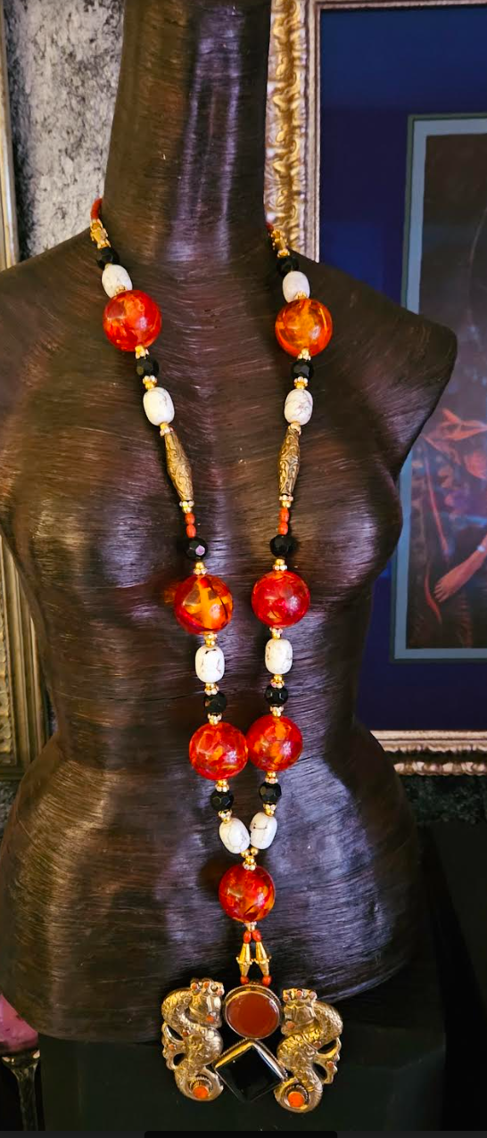 Statement Necklace Long Beaded Amber Resin Magnesite Coral Unisex, Pendant Tibetan Brass Repousse Seahorse, Runway Ready