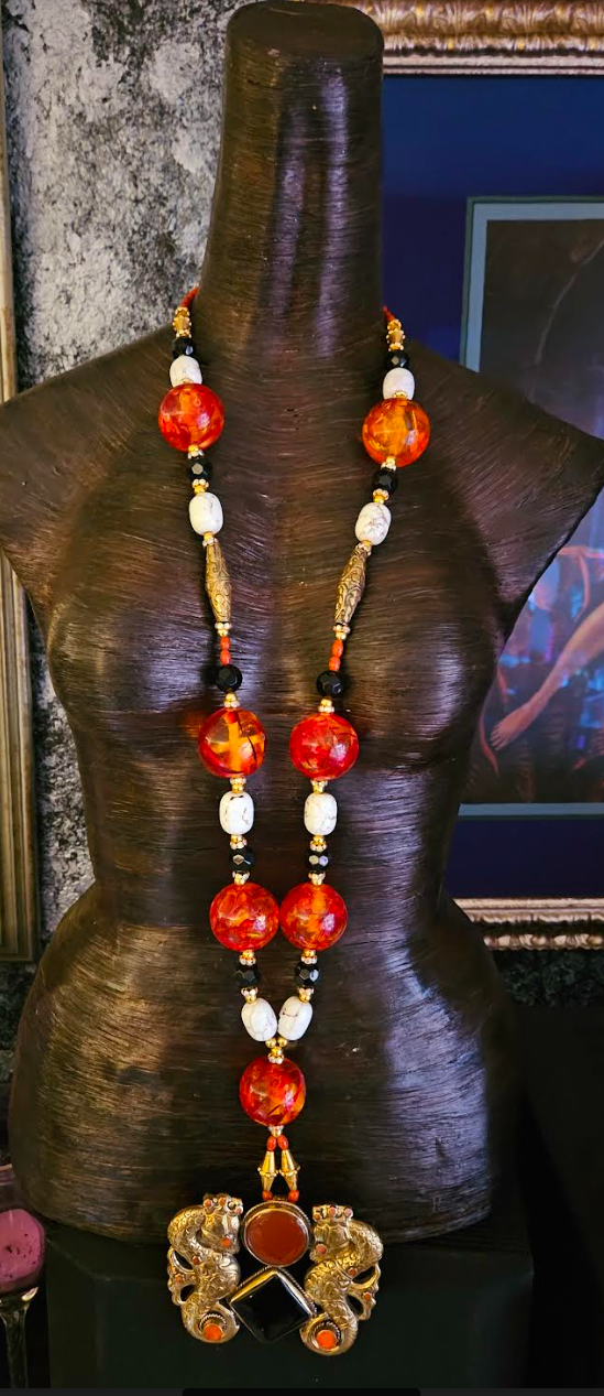 Statement Necklace Long Beaded Amber Resin Magnesite Coral Unisex, Pendant Tibetan Brass Repousse Seahorse, Runway Ready