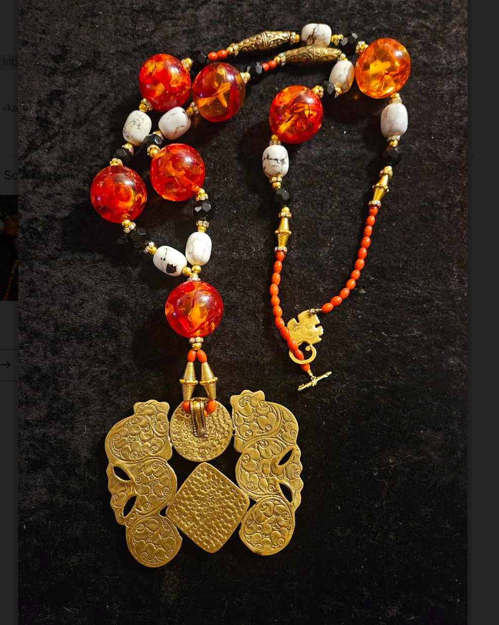 Statement Necklace Long Beaded Amber Resin Magnesite Coral Unisex, Pendant Tibetan Brass Repousse Seahorse, Runway Ready