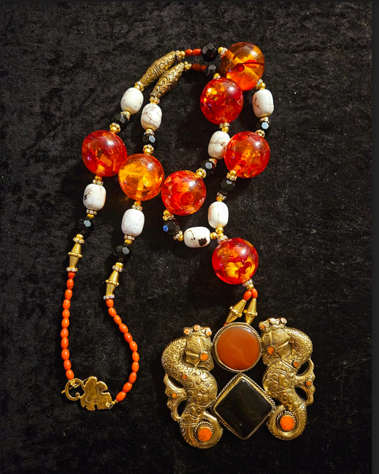 Statement Necklace Long Beaded Amber Resin Magnesite Coral Unisex, Pendant Tibetan Brass Repousse Seahorse, Runway Ready