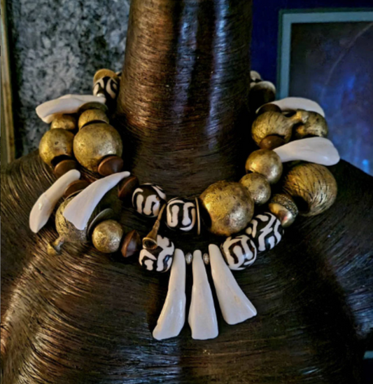 Choker Statement African Gold Off White Brown, Statement Necklace Bone Brass Wood Incisor Teeth, Neck Candy Ethnic Wild Exotic