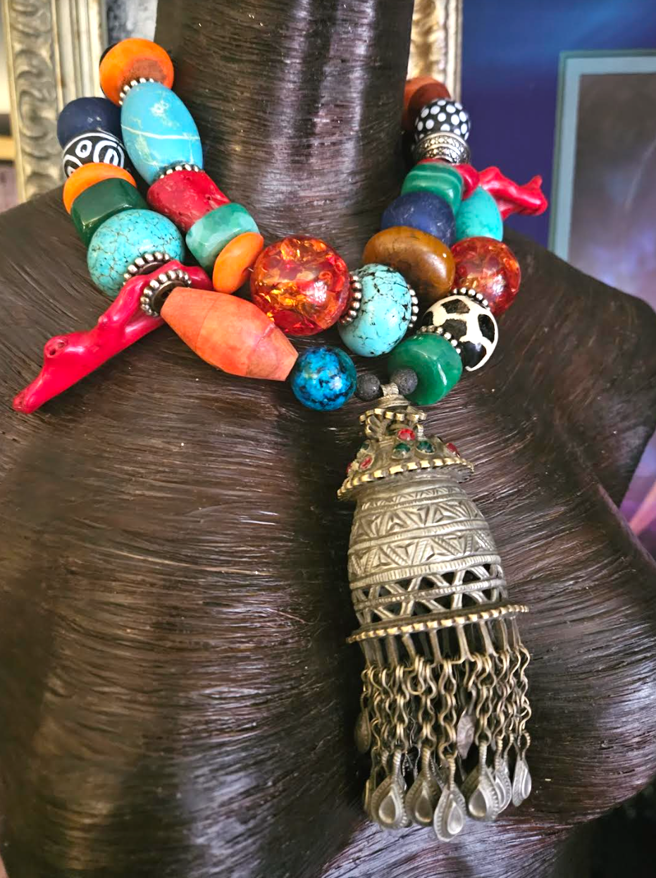 Statement Necklace Beaded Mixed Media Ethnic, Pendant Ethnic Metal Tassel, Jewelry Belly Dancer Wild Exotic