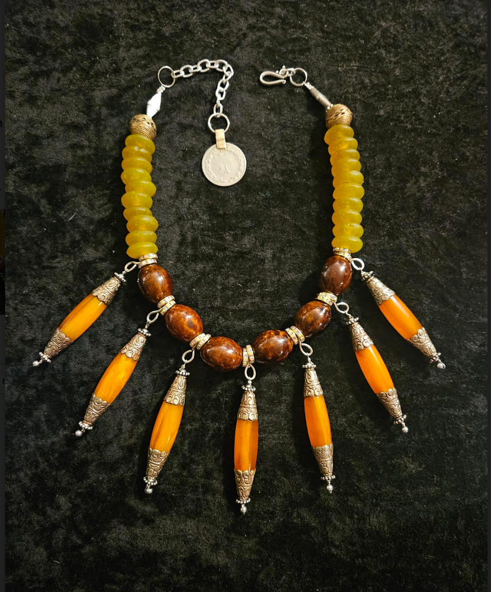 Brown Yellow & Orange Beaded Tribal Statement Necklace with Ornate Tibetan Resin Dangles - Exotic Autumn Neck Candy - Kat Kouture Jewelry