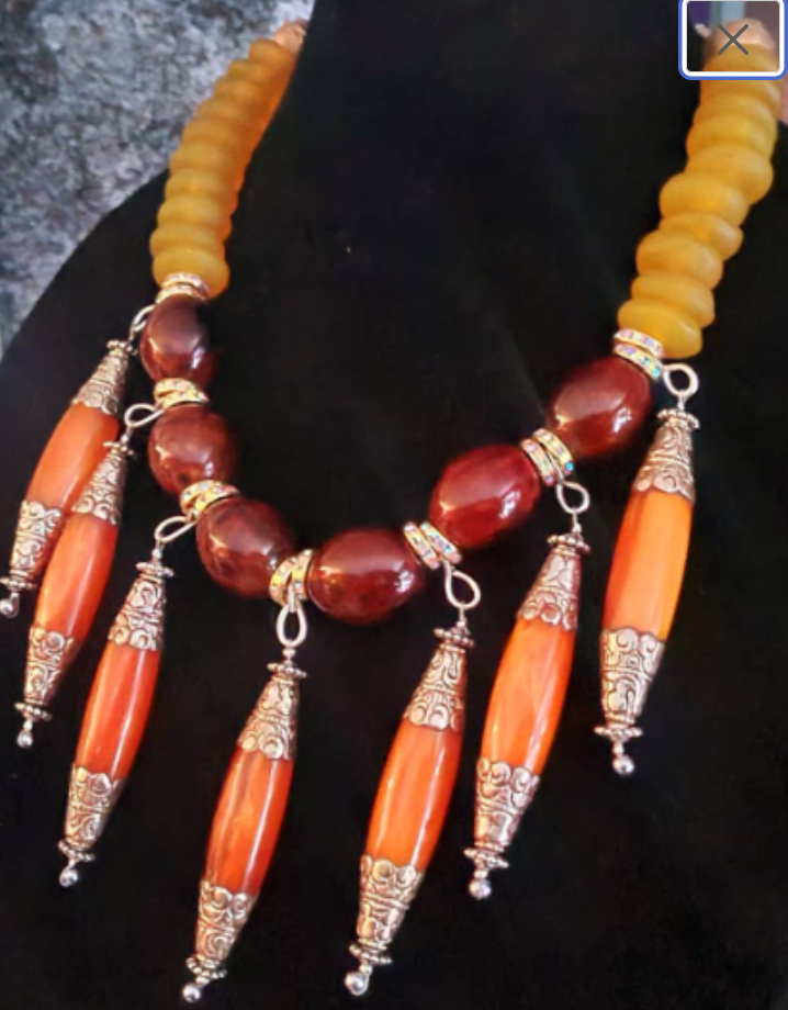 Brown Yellow & Orange Beaded Tribal Statement Necklace with Ornate Tibetan Resin Dangles - Exotic Autumn Neck Candy - Kat Kouture Jewelry