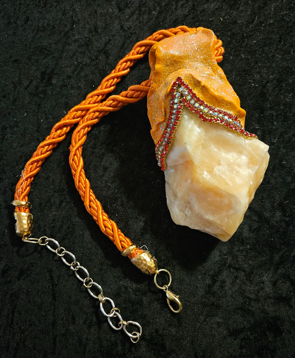 Pendant Gemstone Calcite Orange Yellow Red, Talisman Crystal Rough Raw People of Color, Jewelry Autumn