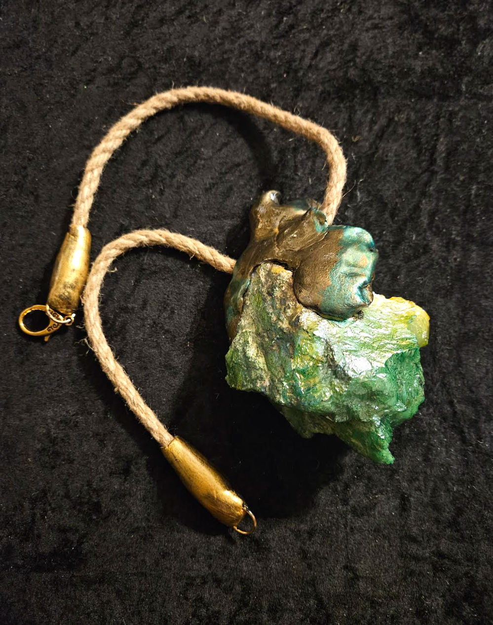 Green Yellow Aura Flame Quartz Sculpted Luxury Pendant Boho Couture Jute Rope Chest Piece