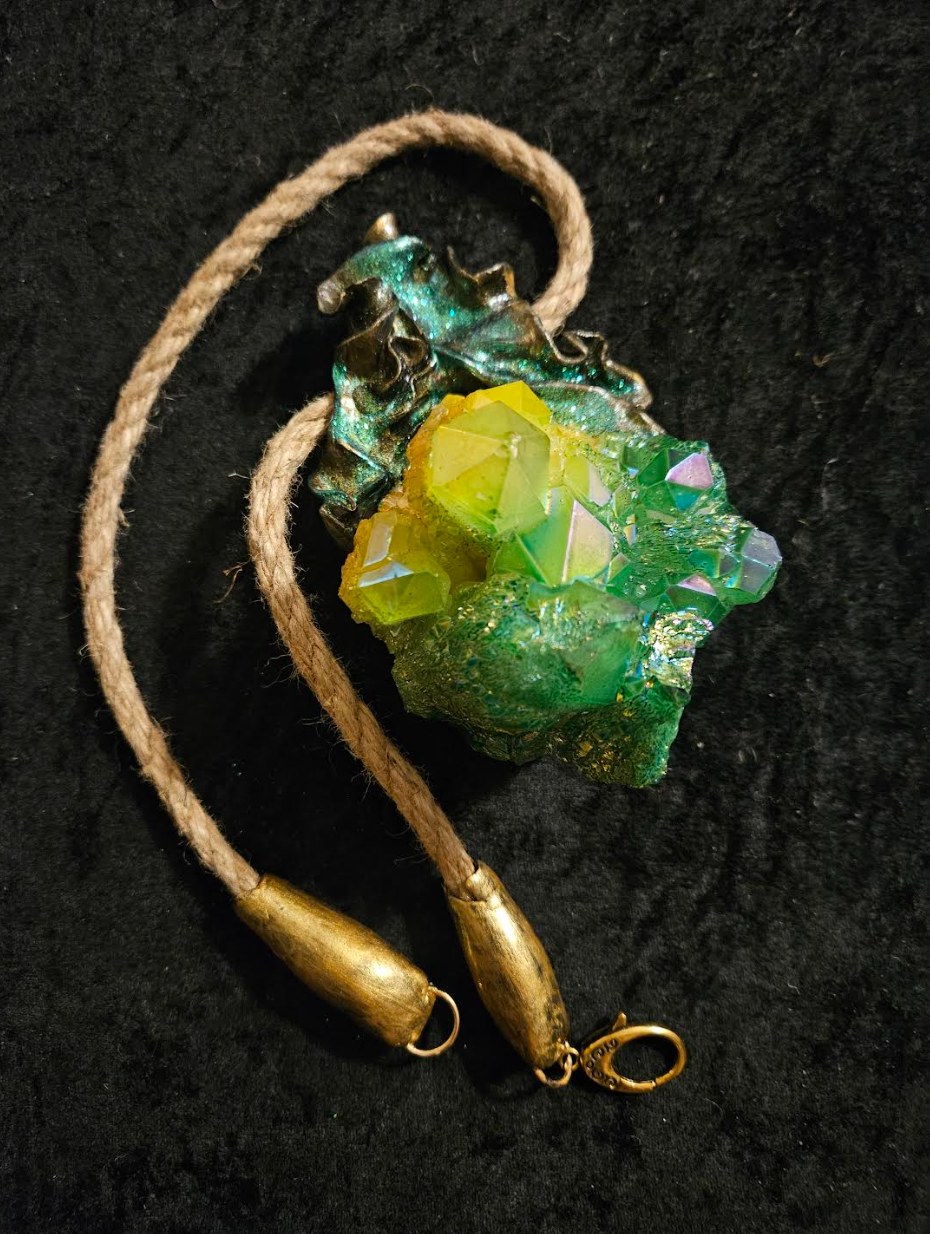 Green Yellow Aura Flame Quartz Sculpted Luxury Pendant Boho Couture Jute Rope Chest Piece