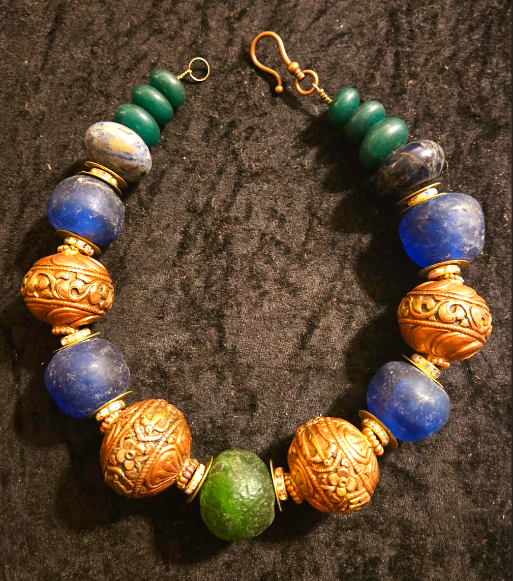 Jumbo African Recycled Glass & Copper Repousse Beaded Statement Necklace - Bold Chunky and Heavy Blue Green Copper Unisex Tribal Choker - Kat Kouture Jewelry