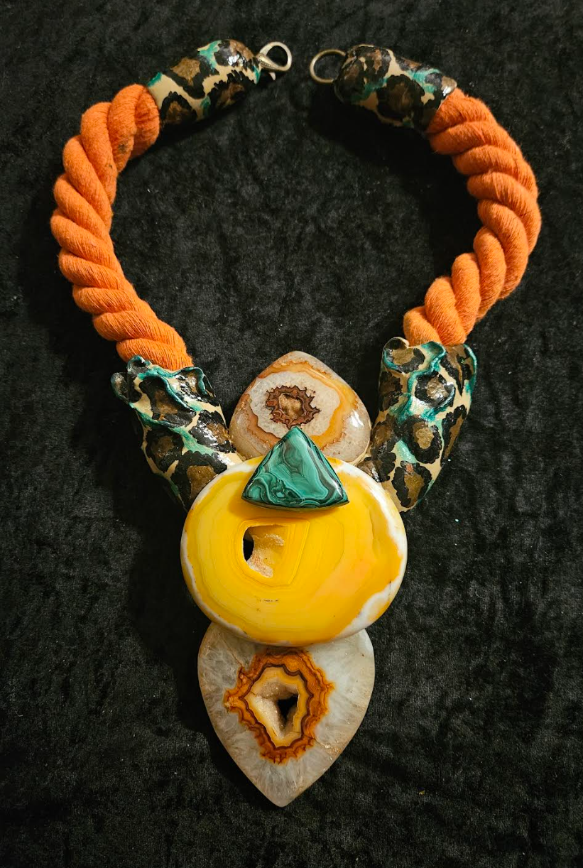 Exotic Sculpted Leopard Jungle Agate Totem On Thick Orange Rope, OOAK Autumn Wardrobe Wearable Art, Casual Attire Gemstone Statement Pendant