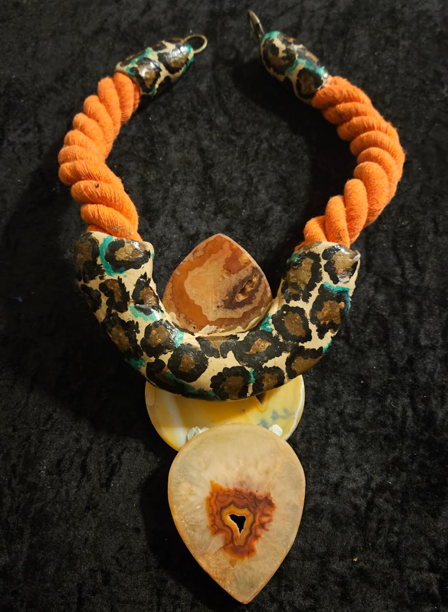 Exotic Sculpted Leopard Jungle Agate Totem On Thick Orange Rope, OOAK Autumn Wardrobe Wearable Art, Casual Attire Gemstone Statement Pendant