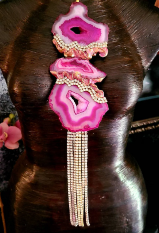 Hot Pink Agate Sculpted Totem Pendant with Rhinestone Fringe, Sexy Gemstone Chest Piece with Torc Collar, Modern Flapper Talisman
