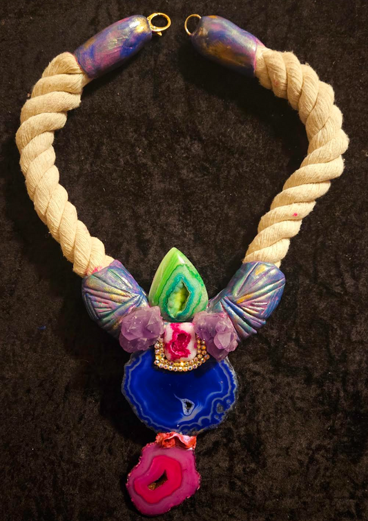 Druzy Agate Gemstone Totem Rope Pendant - Unisex Designed