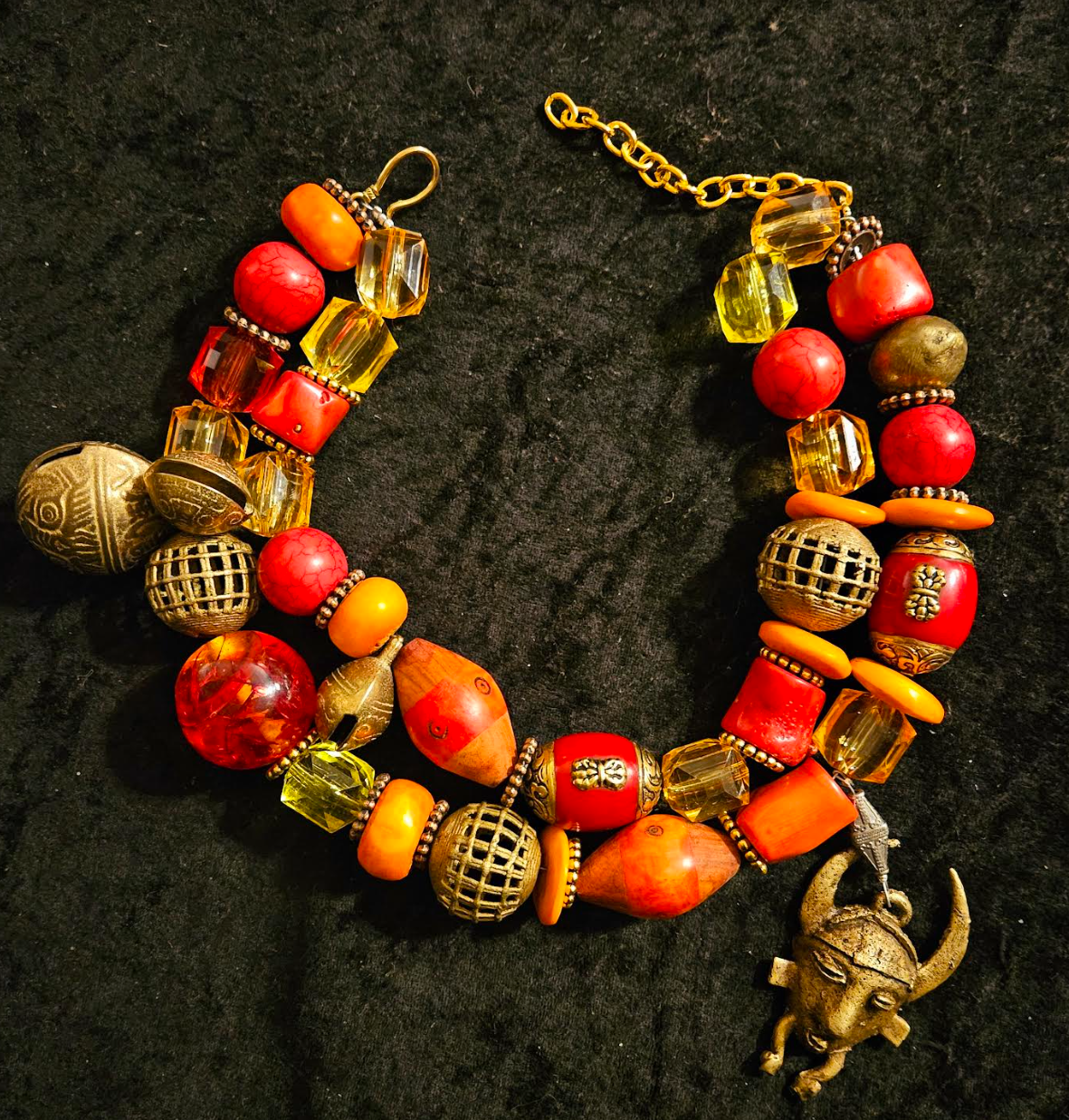 Tribal Statement Necklace African Ashanti, Ethnic Choker Beaded Red Orange Yellow, Jewelry Exotic Wild OOAK Art