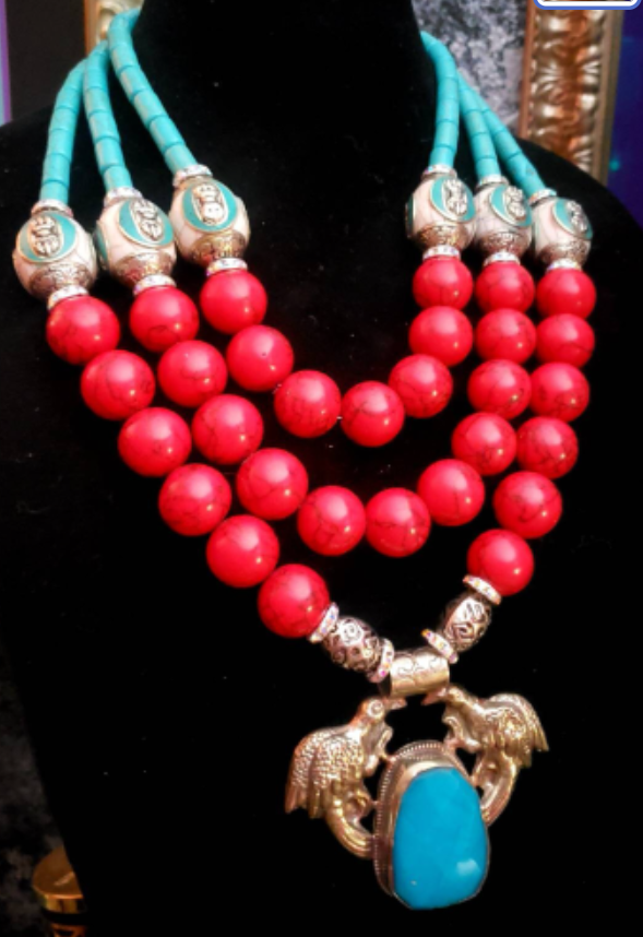 Red White & Blue Luxury Beaded Statement Necklace - Double Bird Tibetan Repousse Tribal Pendant Necklace - Haute Couture Neck Candy - Kat Kouture Jewelry