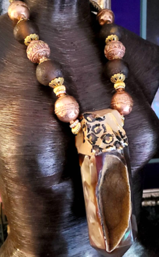 Chest Piece Tribal Obelisk Brown Druzy Crystals, Talisman Geode Leopard Accents, Necklace African Oversized Beaded