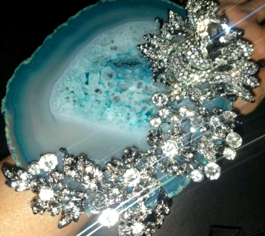 Teal Agate & Rhinestone Bridal Wedding Statement Cuff - Bling Bling