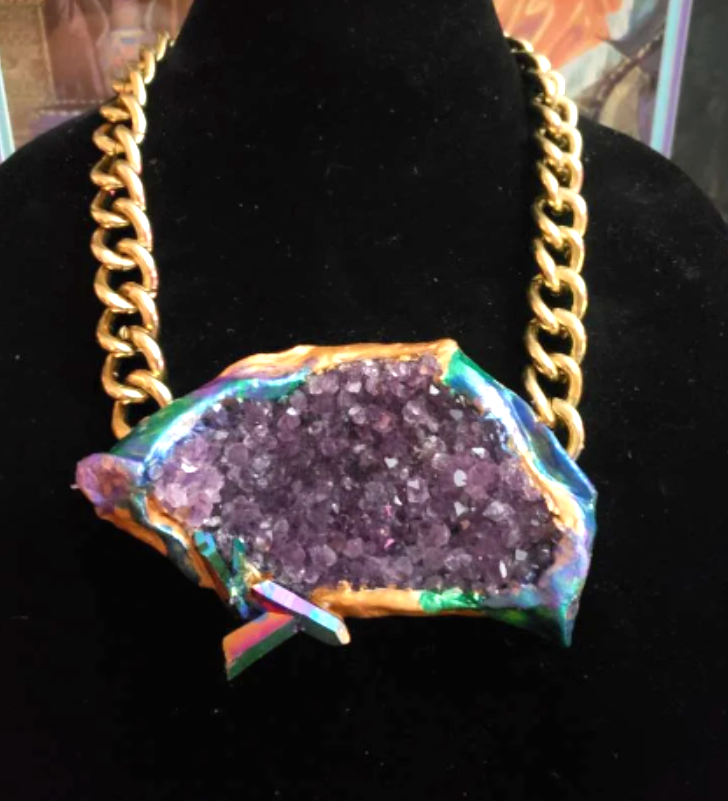 Sculpted Amethyst Unisex Chest Piece & Bold Brass Chain - Purple Crystal Matrix Statement Pendant - Kat Kouture Jewelry Designs