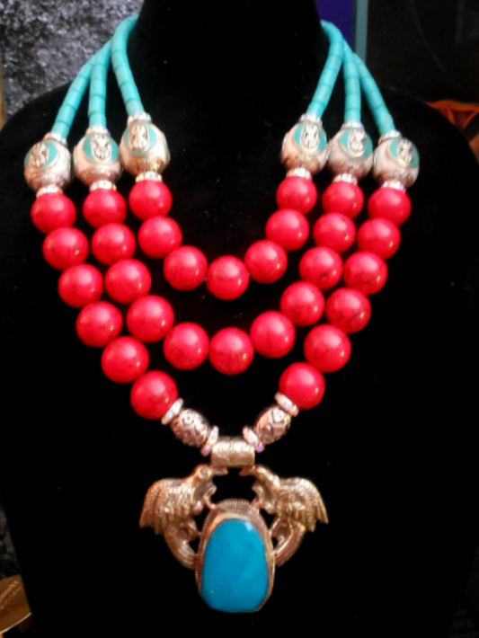 Red White & Blue Luxury Beaded Statement Necklace - Double Bird Tibetan Repousse Tribal Pendant Necklace - Haute Couture Neck Candy - Kat Kouture Jewelry