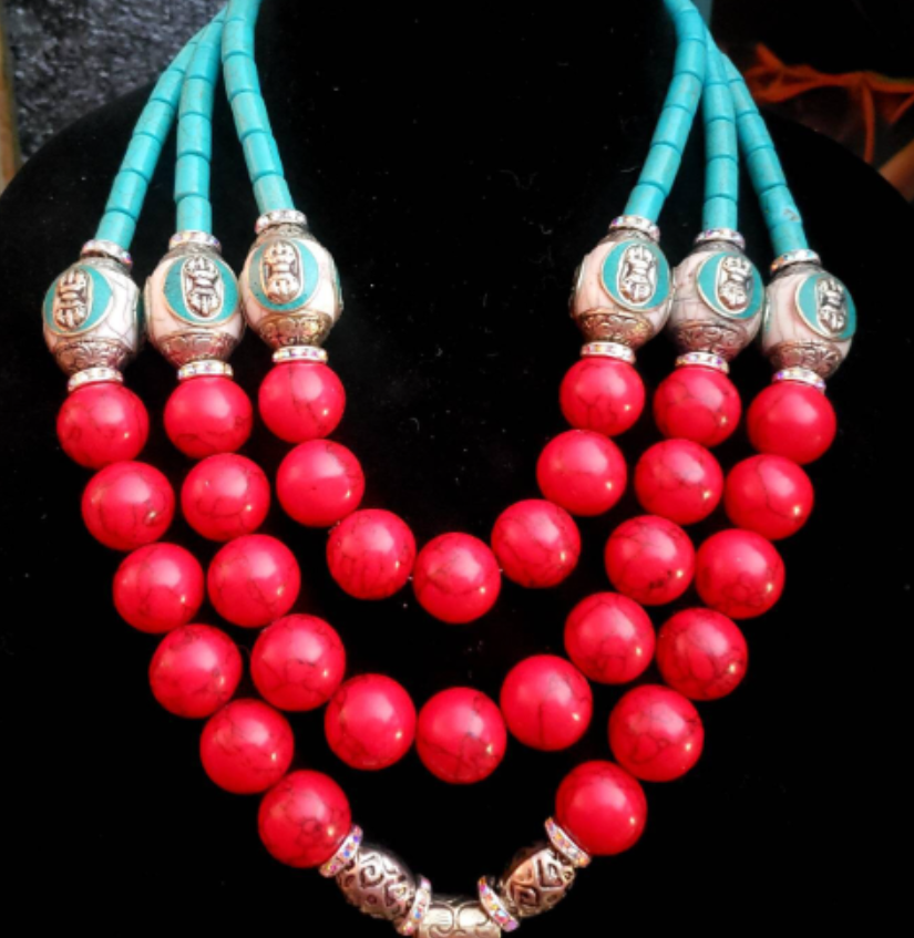 Red White & Blue Luxury Beaded Statement Necklace - Double Bird Tibetan Repousse Tribal Pendant Necklace - Haute Couture Neck Candy - Kat Kouture Jewelry