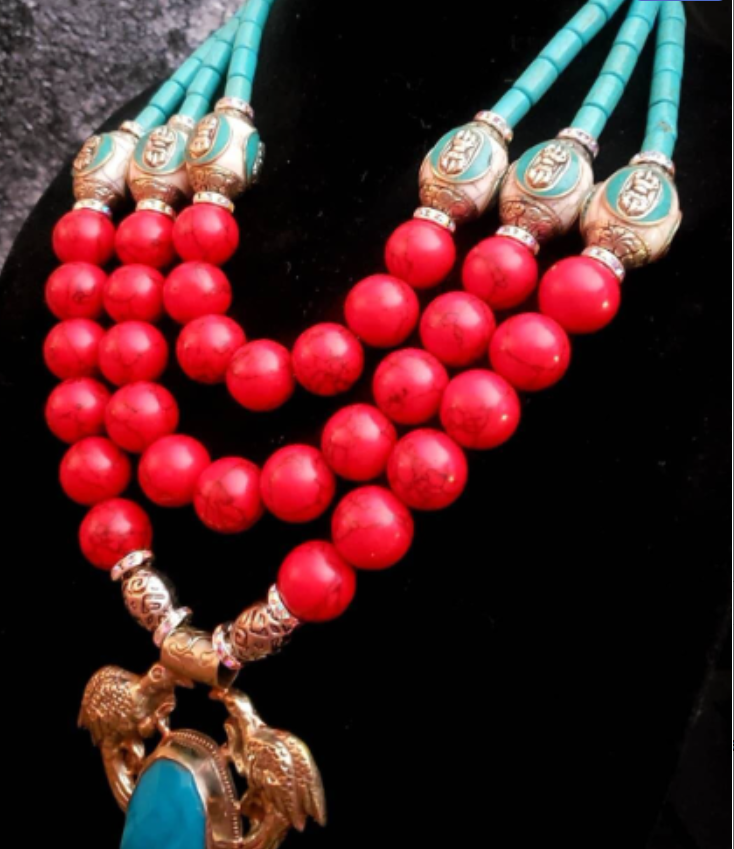 Red White & Blue Luxury Beaded Statement Necklace - Double Bird Tibetan Repousse Tribal Pendant Necklace - Haute Couture Neck Candy - Kat Kouture Jewelry