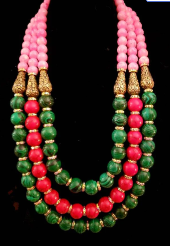 Red Green and Pink Statement Bib Necklace with Detachable Rhinestone Jewel - Malachite Glass & Magnesite Beaded Chest Piece - Runway Ready Accessory -  Kat Kouture Jewelry