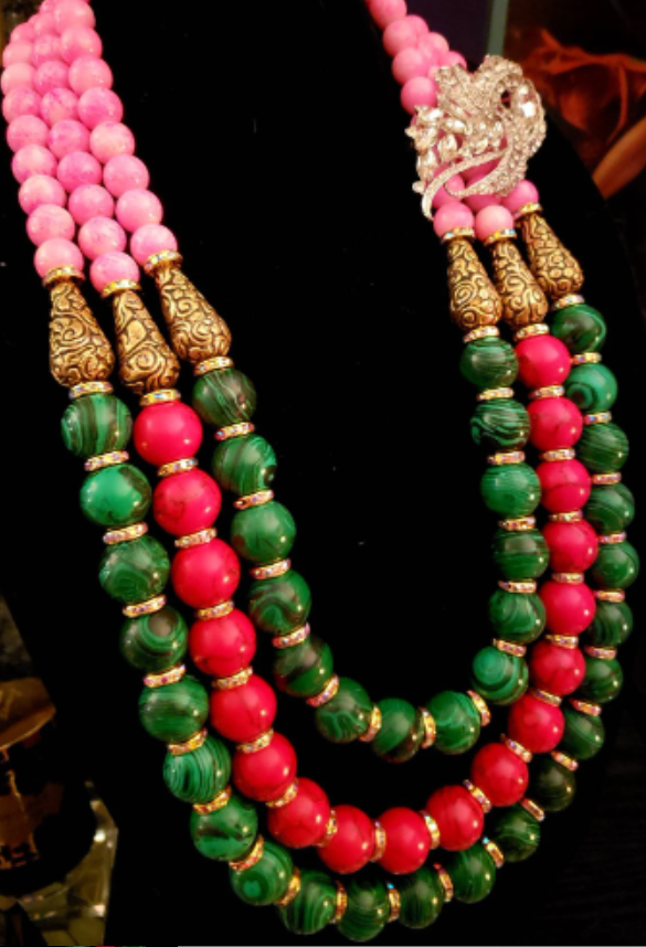 Red Green and Pink Statement Bib Necklace with Detachable Rhinestone Jewel - Malachite Glass & Magnesite Beaded Chest Piece - Runway Ready Accessory -  Kat Kouture Jewelry