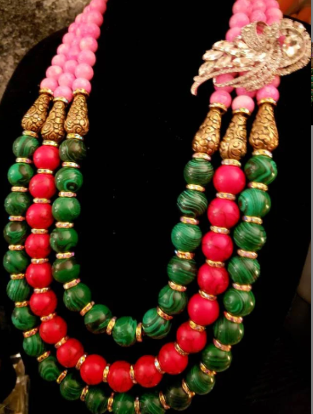 Red Green and Pink Statement Bib Necklace with Detachable Rhinestone Jewel - Malachite Glass & Magnesite Beaded Chest Piece - Runway Ready Accessory -  Kat Kouture Jewelry