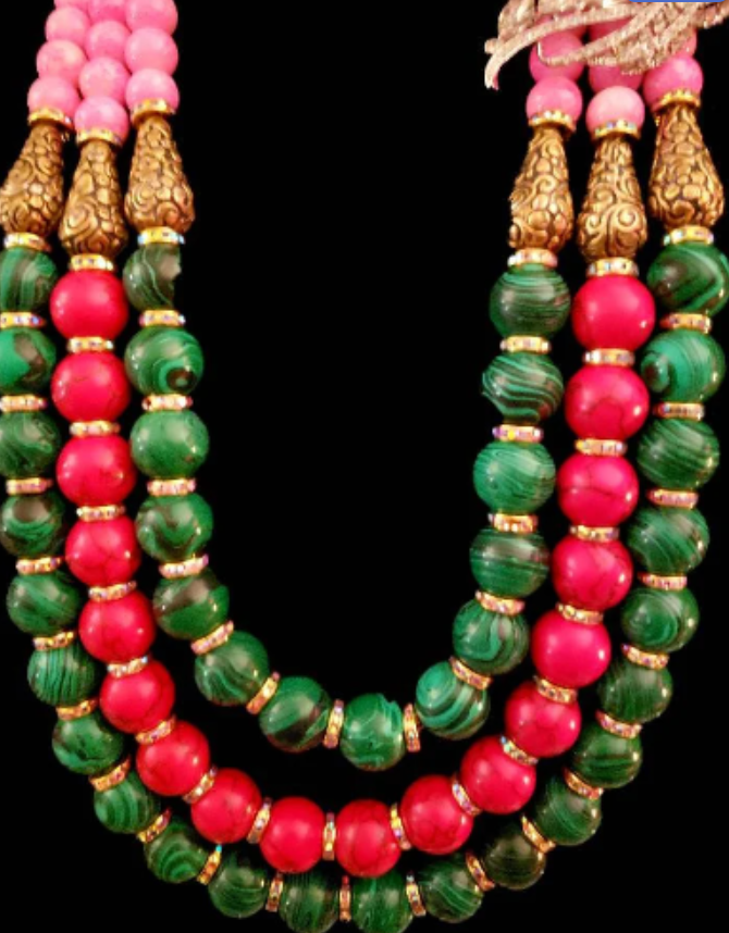 Red Green and Pink Statement Bib Necklace with Detachable Rhinestone Jewel - Malachite Glass & Magnesite Beaded Chest Piece - Runway Ready Accessory -  Kat Kouture Jewelry