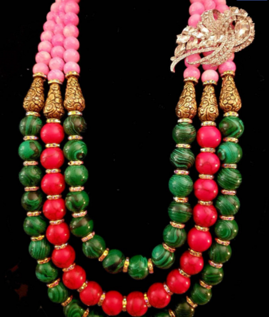 Red Green and Pink Statement Bib Necklace with Detachable Rhinestone Jewel - Malachite Glass & Magnesite Beaded Chest Piece - Runway Ready Accessory -  Kat Kouture Jewelry