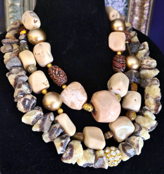 Earth Tone Coral and Septarian Nugget Beaded Statement Necklace, Bold & Chunky Summer Socialite Neck Candy