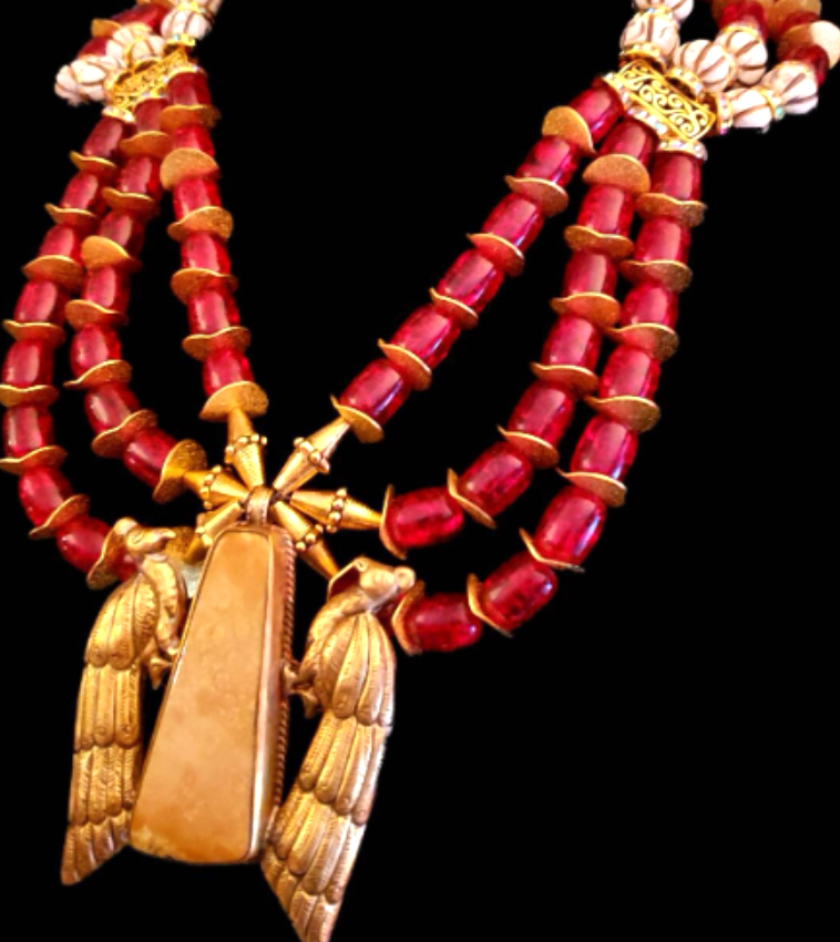 Tibetan Brass Double Peacock Pendant Beaded Chest Piece - Russian Inspired Red Barrel Glass & Gold Accents Multi Strand Statement Necklace - Kat Kouture Jewelry - Haute Couture Jewelry Gay Men