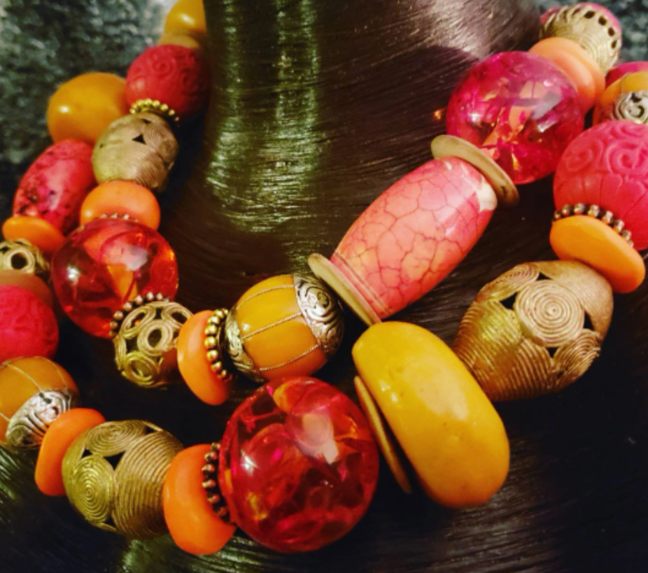 Luxury Ethnic Orange Red Gold & Yellow Huge Beaded Tribal Necklace - High End Haute Couture Statement Neck Candy - Kat Kouture Jewelry