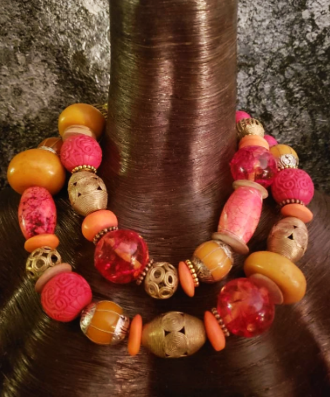 Luxury Ethnic Orange Red Gold & Yellow Huge Beaded Tribal Necklace - High End Haute Couture Statement Neck Candy - Kat Kouture Jewelry