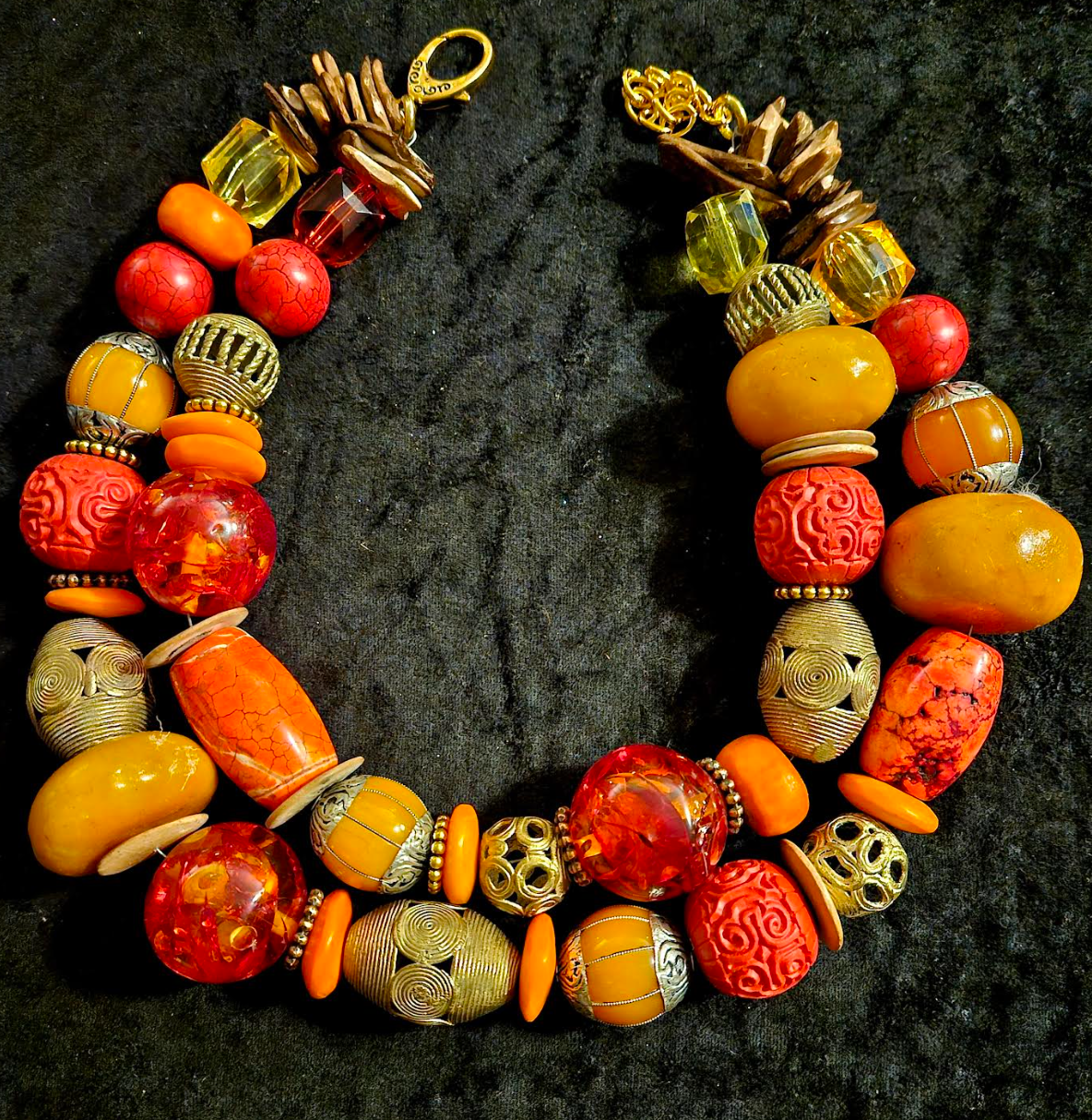 Luxury Ethnic Orange Red Gold & Yellow Huge Beaded Tribal Necklace - High End Haute Couture Statement Neck Candy - Kat Kouture Jewelry