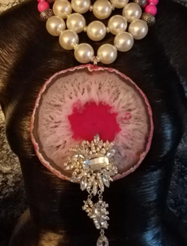 Massive Pink & White Snowflake Agate Pendant with Rhinestone Jewel, Oversized Faux Pearl Statement Necklace, OOAK Wearable Art from Kat Kouture