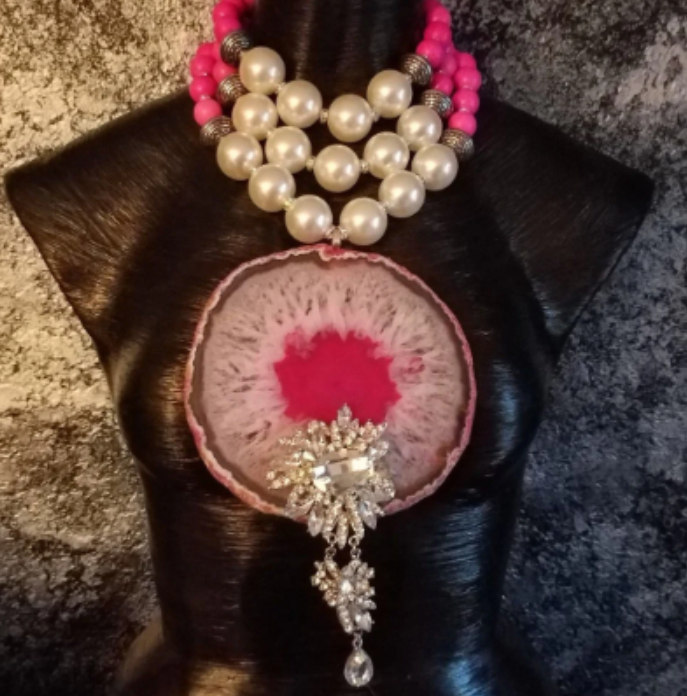 Massive Pink & White Snowflake Agate Pendant with Rhinestone Jewel, Oversized Faux Pearl Statement Necklace, OOAK Wearable Art from Kat Kouture