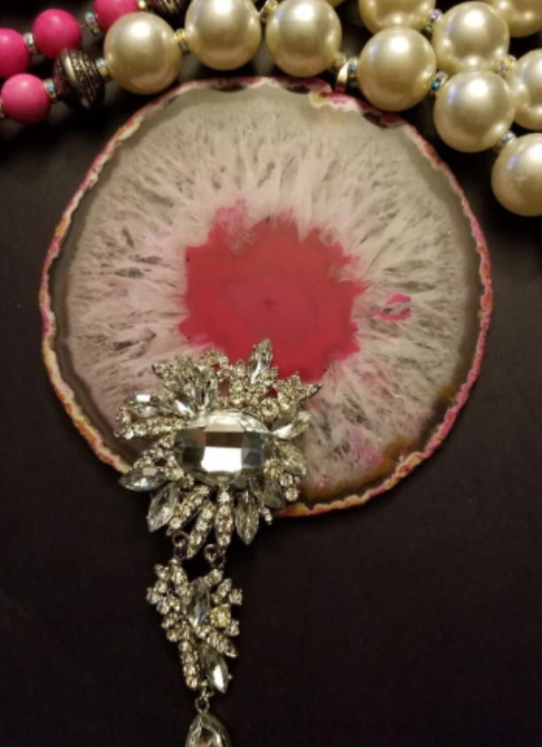 Massive Pink & White Snowflake Agate Pendant with Rhinestone Jewel, Oversized Faux Pearl Statement Necklace, OOAK Wearable Art from Kat Kouture