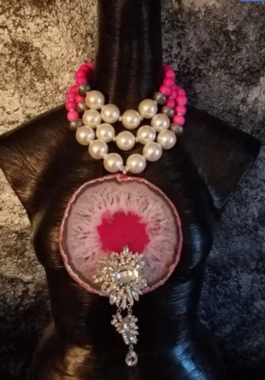 Massive Pink & White Snowflake Agate Pendant with Rhinestone Jewel, Oversized Faux Pearl Statement Necklace, OOAK Wearable Art from Kat Kouture