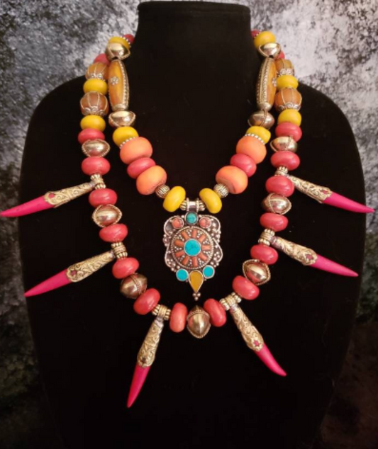 Tibetan Tribal Spiky Necklace Set Men's, Ethnic Chest Piece Red Orange Yellow, Exotic Wild Unisex Jewelry