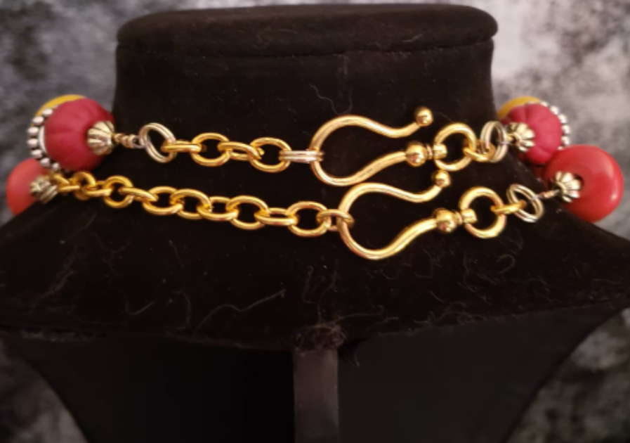 Tibetan Tribal Spiky Necklace Set Men's, Ethnic Chest Piece Red Orange Yellow, Exotic Wild Unisex Jewelry