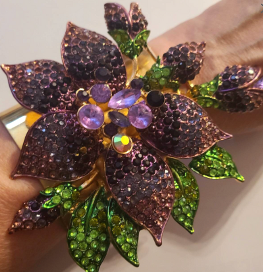 Purple Rhinestone Orchid Wide Brass Statement Cuff, Floral Diamante Wrist Candy, Bridal Wedding Black Tie Bracelet