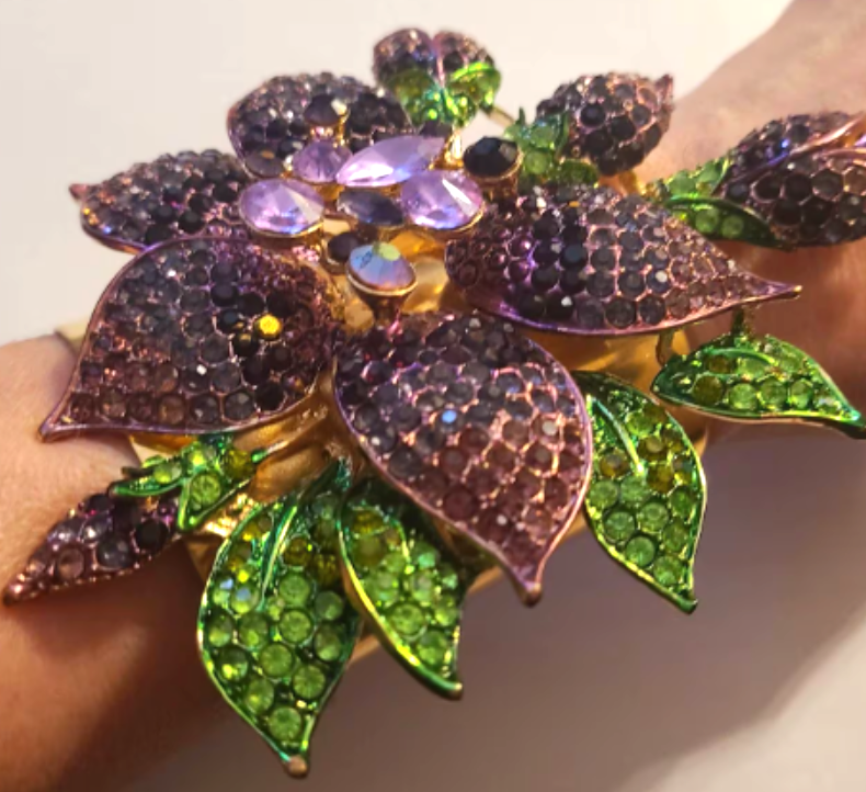 Purple Rhinestone Orchid Wide Brass Statement Cuff, Floral Diamante Wrist Candy, Bridal Wedding Black Tie Bracelet